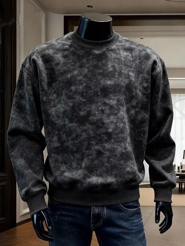 Men's Sweatshirt Spring Autumn Loose Wax Dye Gradient Print Long Sleeve round Neck American Style Trendy Brand  Color T-...