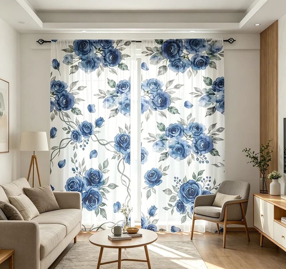 2PCS Digital Printed Sheer Curtain, Watercolor Blue Rose Flower, Painterly Floral Romance for Living Room Bedroom Home Decor