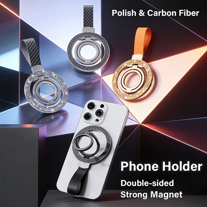 

Mobile Phone Double-sided Strong Magnetic Bracket Finger Ring Stand Polish & Carbon Fiber Magnet Holder for iPhone 17 16 Samsung