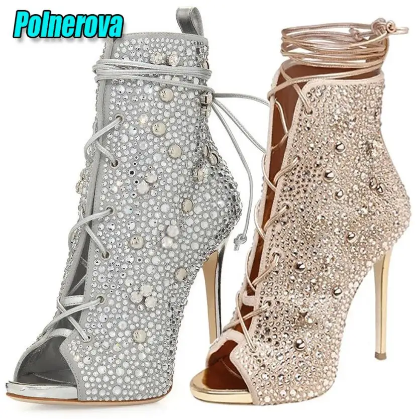 

Bling Bling Crystal Luxury Wedding Shoes Sexy Peep Toe Stiletto Sandal Boots Rhinestone Lace Up Banquet Party Women High Heels