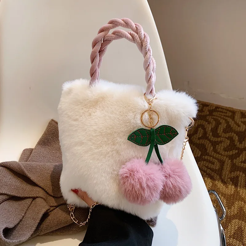 Cherry Plush Tote Bag For Women New Autumn Light Luxury Mobile Phone Fashion Simple Single Shoulder Crossbody Chain Bucket Bag