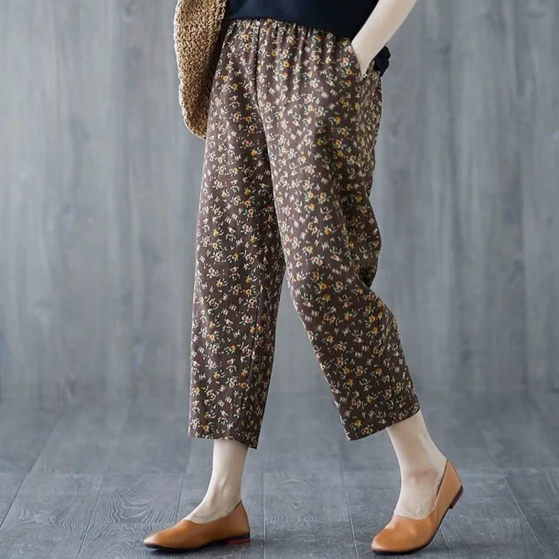 

Women Cotton Linen Pants 2025 Summer Casual High Waist Printed Capris Pants Vintage Cropped Harem Trousers Female Loose Bottoms