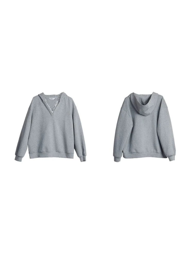 OLrain Casual Hooded Sweatshirts Woman Lace Panels V-neck Loose Knitted Hoodies 2025 Autumn Woman Fashion Clothes O57QR001082