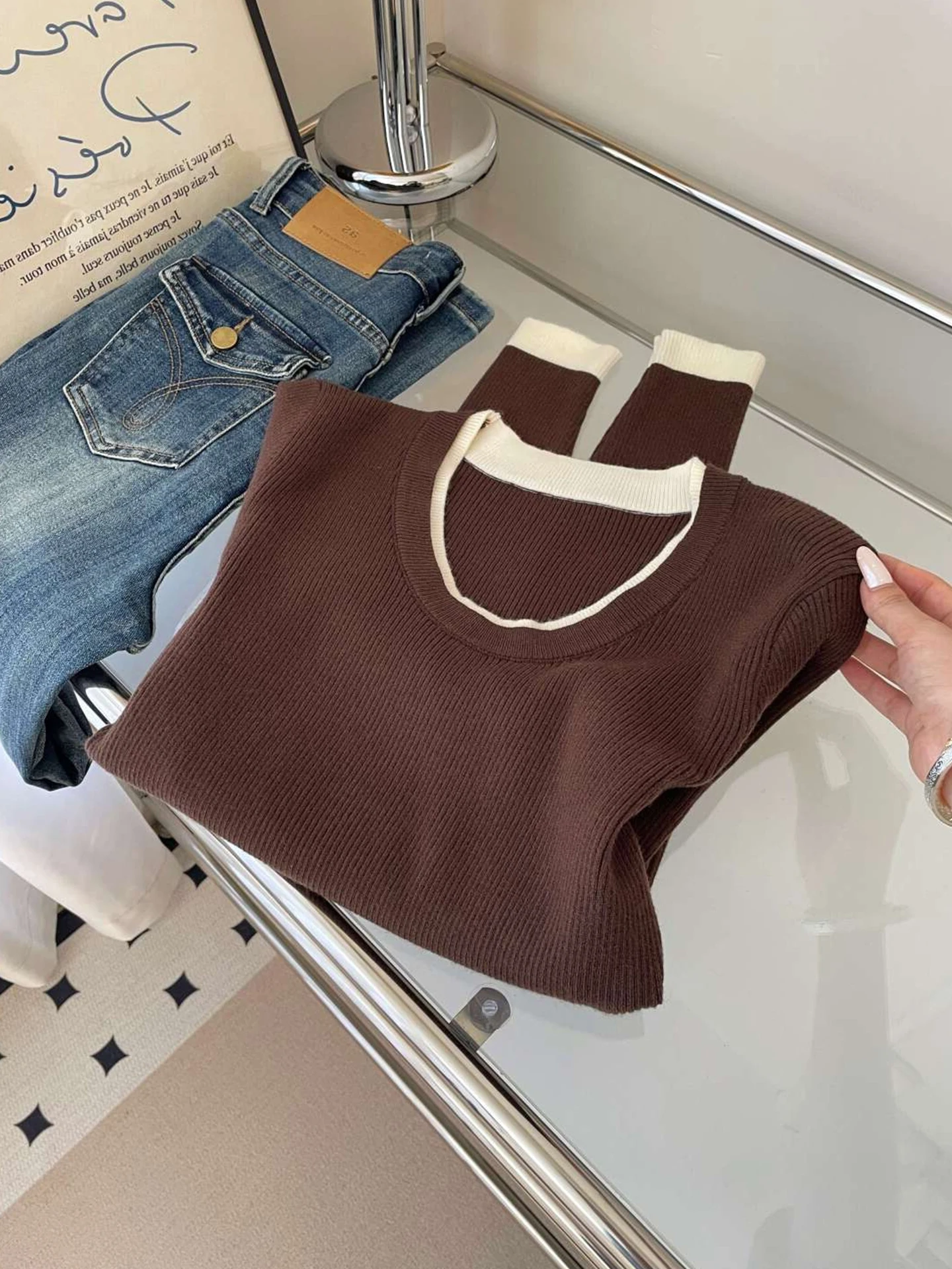 Korean Sle Fake Two-Piece Base irt Slimming Vintage Long Sve Knitted Top Casual Commute Women's Faion Winter 2025