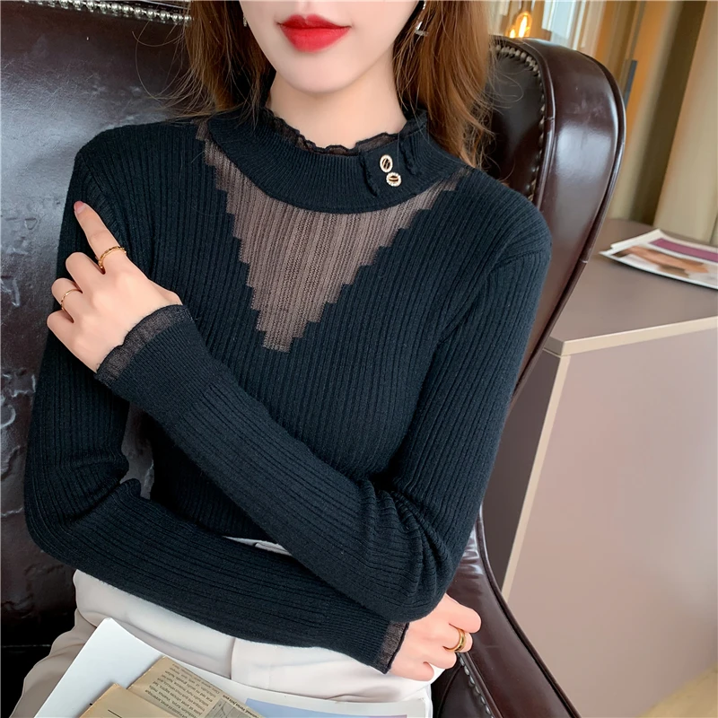 Ladies Mesh Stitching Nail Bead Pullover Sweater Women Clothing Girls  Autumn Casual Knitwear Female Woman OL Sweaters BPy2646