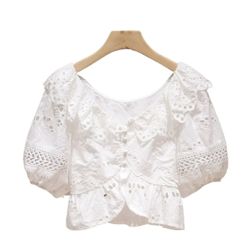 

Unique Puff Sleeve Top A New Summer Ruffled One-shoulder Cut-out White Shirt Exquisite Simple and Casual with Sweet Temperament