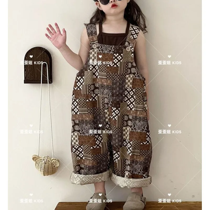 

Summer New Girls Contrast Color Printed Button Spliced Pockets High Waist Fashionable Loose Streetwear Irregular Strap Trousers