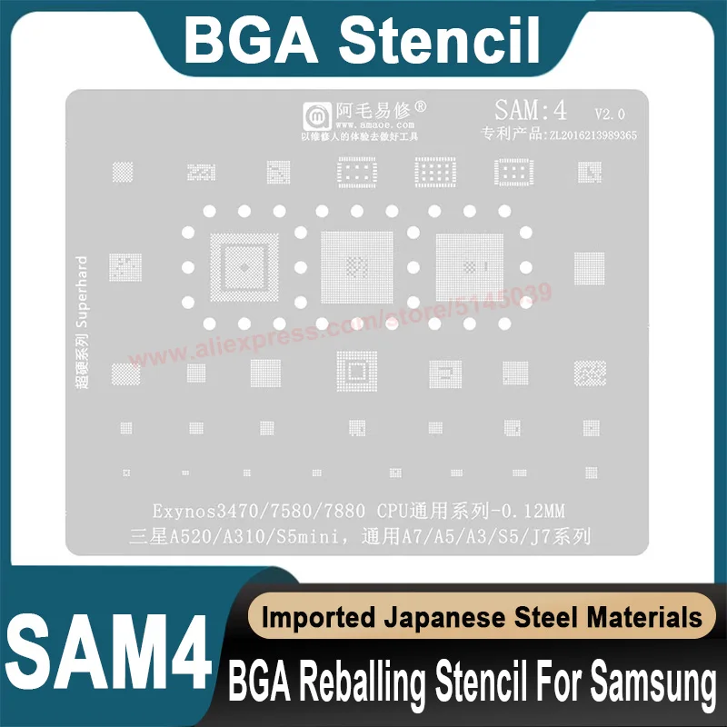 BGA Stencil For Samsung A520 A310 S5 MINI A7 A3 S5 J7 Exynos 3470 7580 7880 CPU Stencil Replanting tin seed beads BGA Stencil