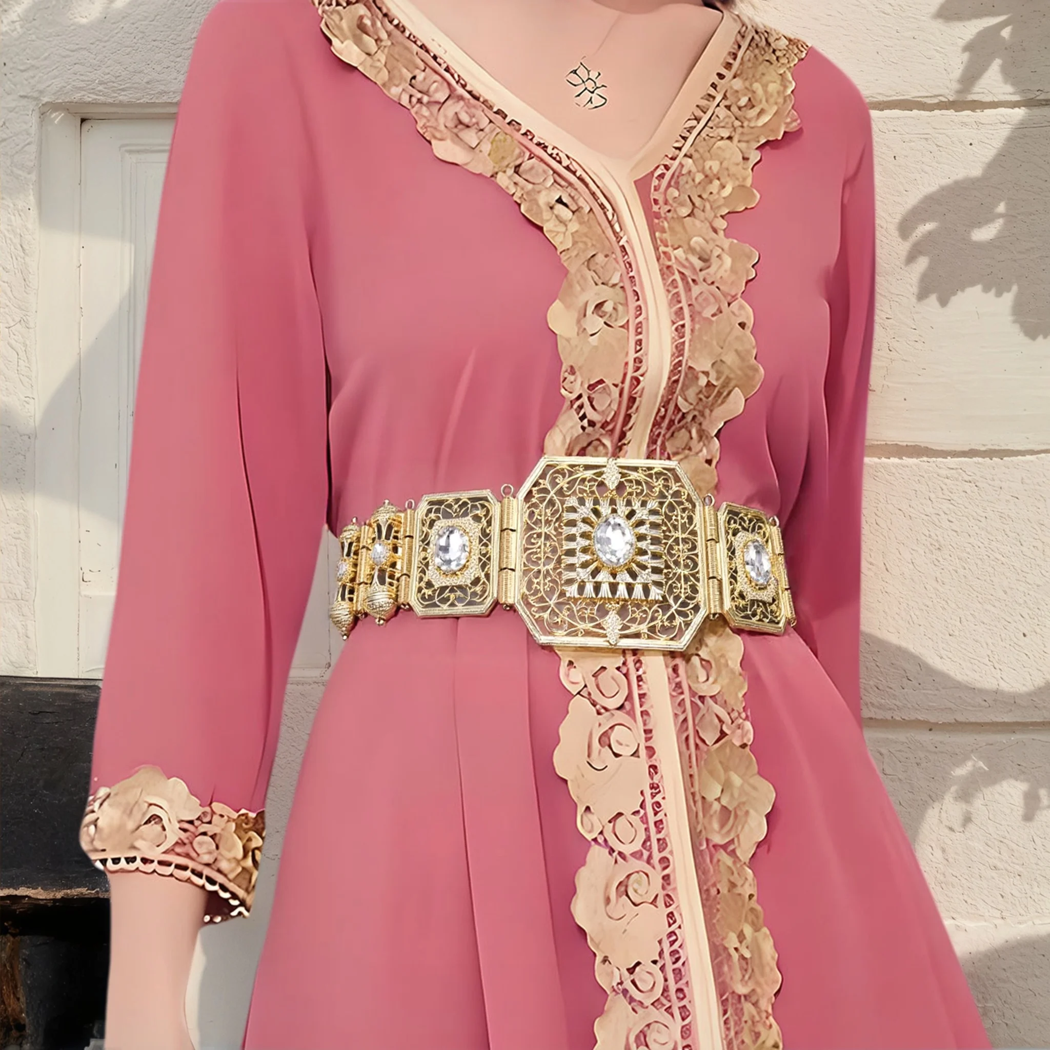 حزام حبل يد ذهبي اللون الجزائر المغرب حزام قفطان للنساء كريستال مجوهرات الزفاف مهرجان عربي بيجو