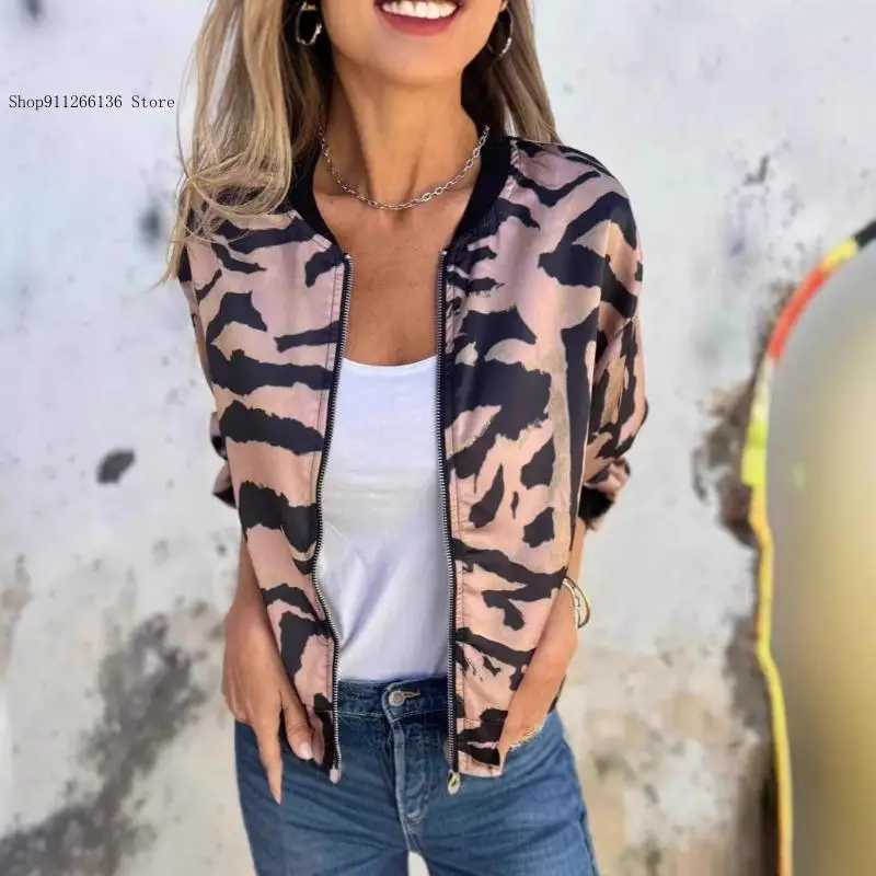 European and American Women's Autumn Zebra Print Jacket Zipper Jacket for Women's Casual Daily Wear
