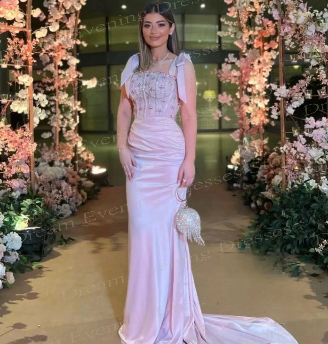 Elegante vestido De noche De sirena rosa con tirantes finos, Vestidos De Fiesta Elegantes sin mangas con cuentas, tren De barrido, 2024