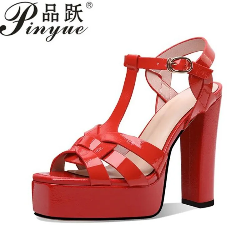

12cm Sexy Genuine Leather T-Strap Sandals For Women Platforms Super High Heels Wedding Office Sandals Shoes Woman 33--40