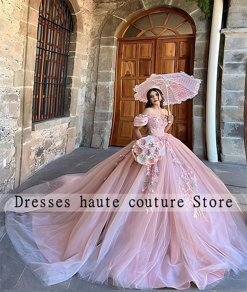 Pink Lace Appliques Quinceanera Dresses Ball Gown 2024 Off The Shoulder Beaded Sweet 16 Dress Formal Princess Party Dress