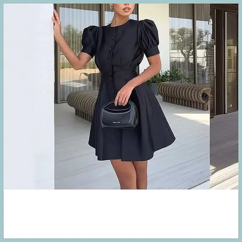 Abito Elegante da Donna in Raso a Linea A con Maniche a Sbuffo, Vita Plissettata e Bottoni con Perle