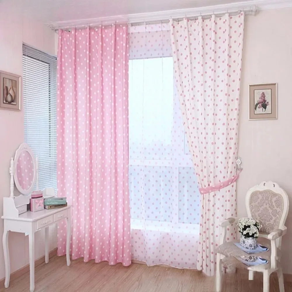 Small Dot Pattern Curtains Korean Fresh Semi Shade Curtains Kids Girls Bedroom Curtains Cloth Tulle Custom Made