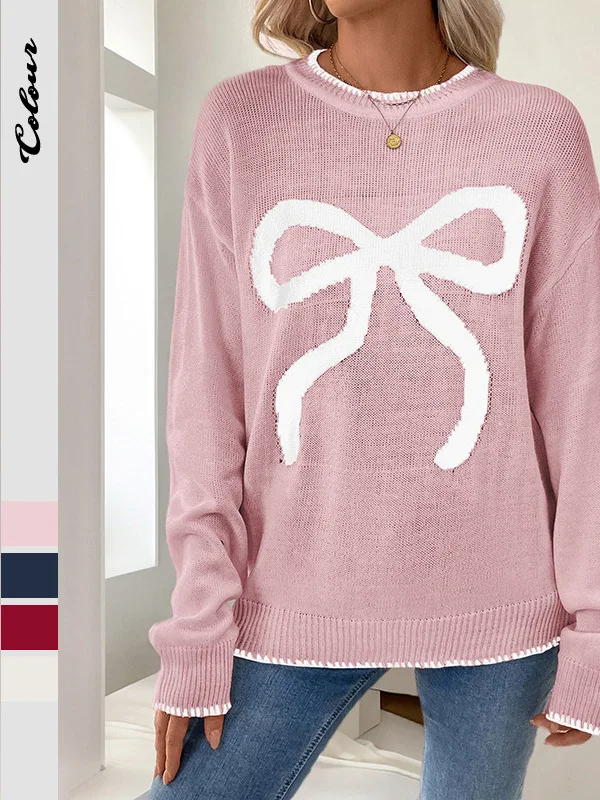 

Свитер на День святого Валентина с длинными рукавами и круглым вырезом, вязаный, для свиданий, свободного кроя, с узлом, весенний, стандартный, тонкий