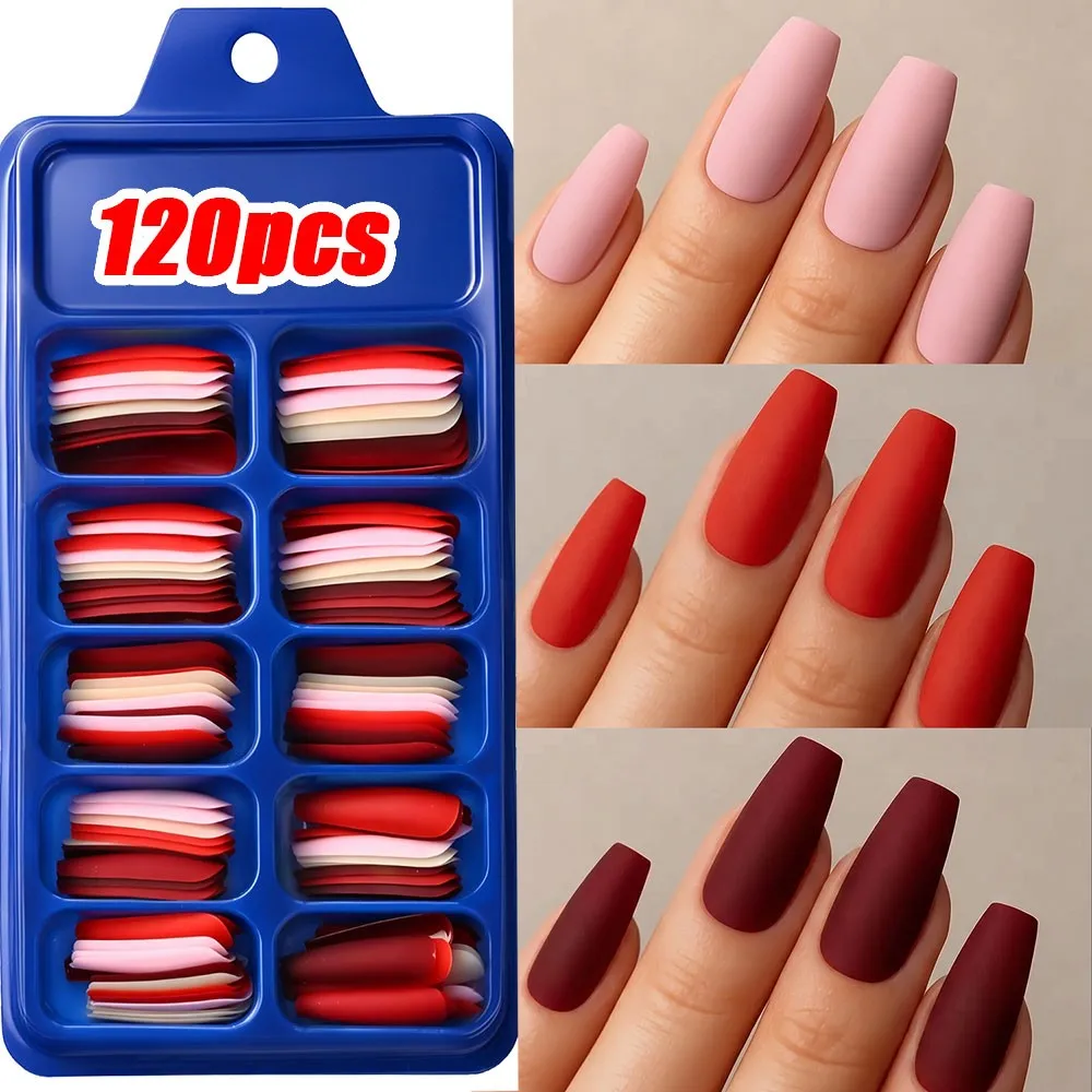 120 Stück/Box Mittellange Sargförmige Rosa-Rote Aufklebenägel Vollständige Abdeckung Matte Acryl-Kunstnägel 12 Größen Einfarbig Wiederverwendbare Künstliche Nägel DIY