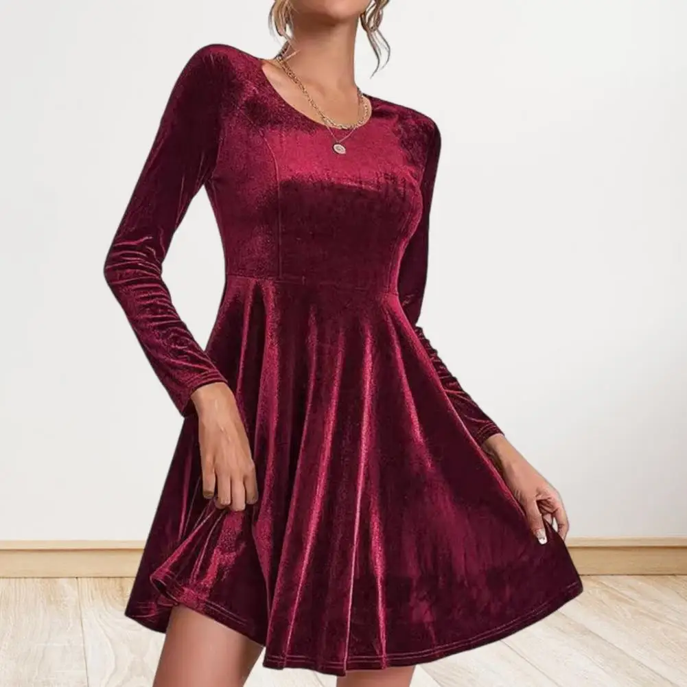 

Women Dress Elegant Velvet A-line Dress for Women with Long Sleeves Knee Length Big Swing Design for Fall Spring Dating Prom