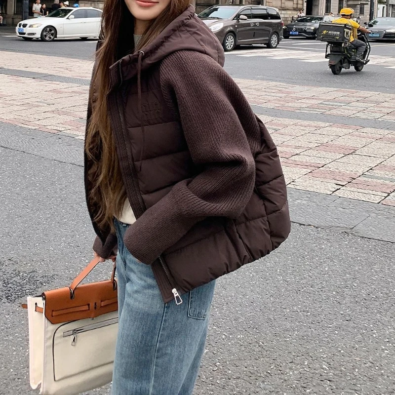 

2025 New Down and Cotton Jacket Women's Short Knitted Splicing Hooded Fake Two Piece Winter Lightweight Fashion Jacket