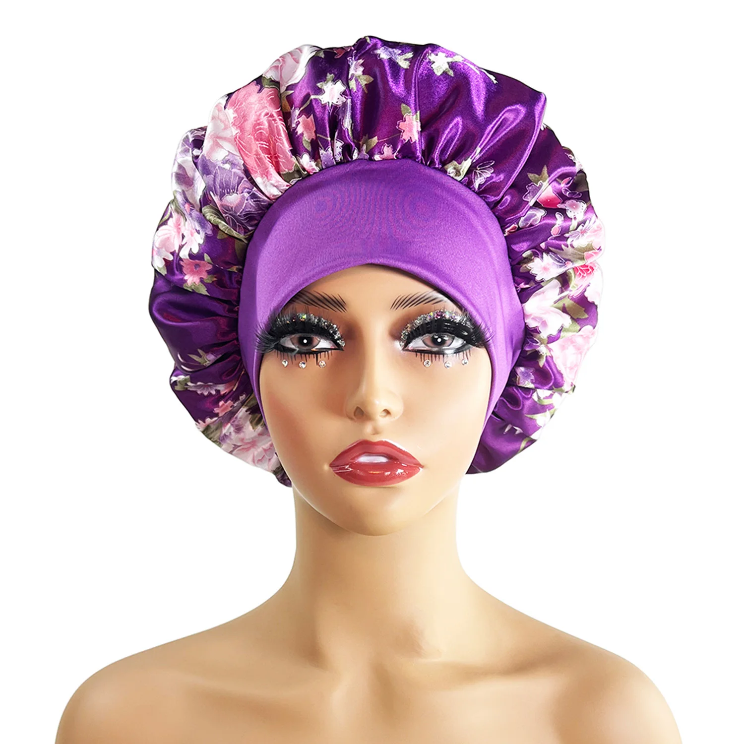 Drucken Satin Seidige Motorhaube Für Frauen Elastische Breite Band Nacht Schlaf Hut Chemo Caps Lockige Große Zöpfe Locs Abdeckung Turban Mützen – Detail 9