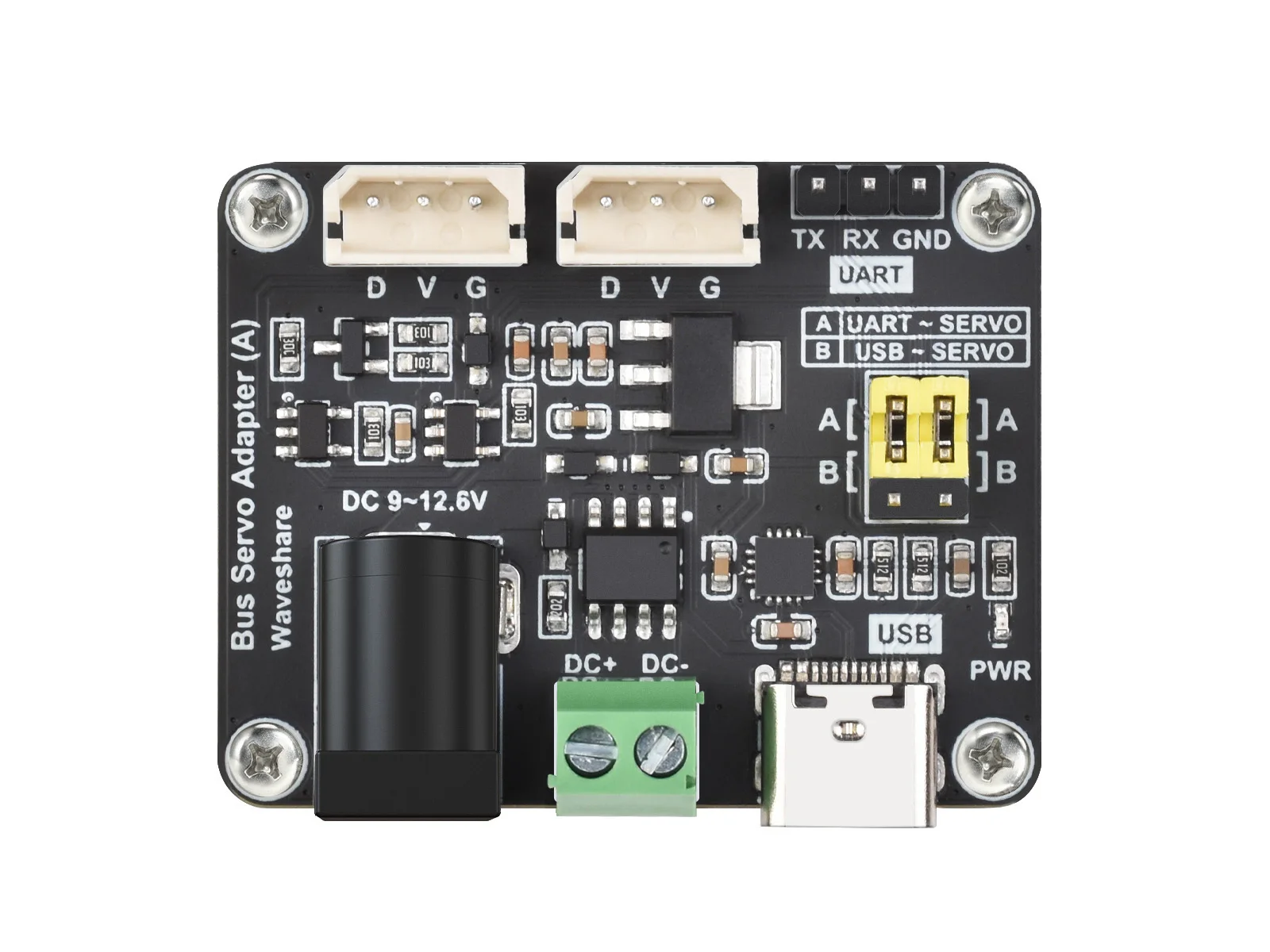 La scheda servoazionamento bus seriale Waveshare, integra l\'alimentazione servo e il circuito di controllo per servo bus seriale DC 9 ~ 12,6 V