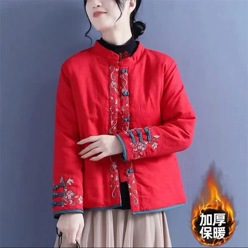 2024 중국 스타일 문학 예술 레트로 버클 자수 코튼 패딩 재킷, 가을 겨울 코튼 코트, 여성 가디건 