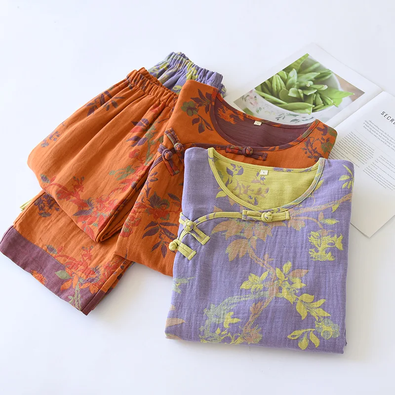New Chinese-style pure cotton pajamas double-layer gauze yarn-dyed long-sleeved loungewear two-piece set national style loose