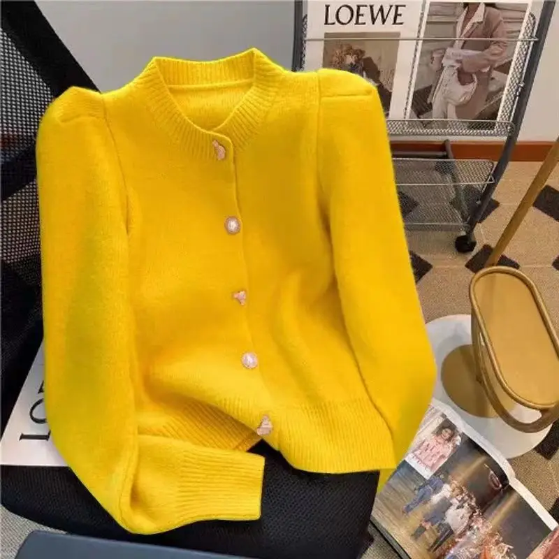 Chaqueta de punto roja, rosa, verde, amarillo y azul para Mujer, suéter suave de otoño, cárdigan de punto con botones, Tops cortos, cárdigan de manga larga para Mujer