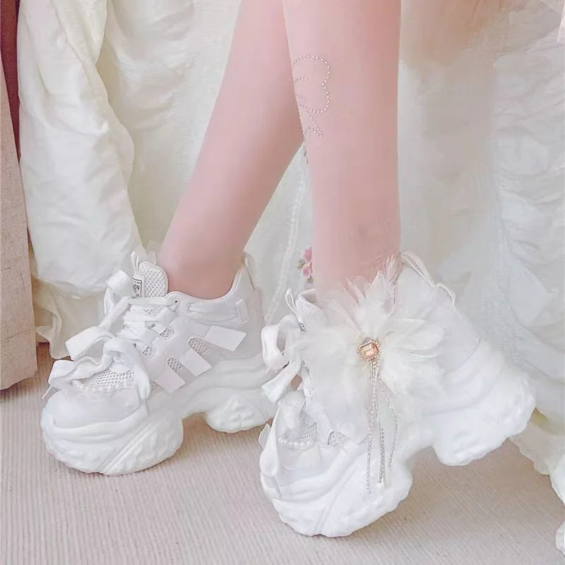 

Original Lolita Platform Height Booster Shoes Bow Lace Rhinestone Fringed Pearl Cross-strap Womens Shoes Muffin Casual Sneakers