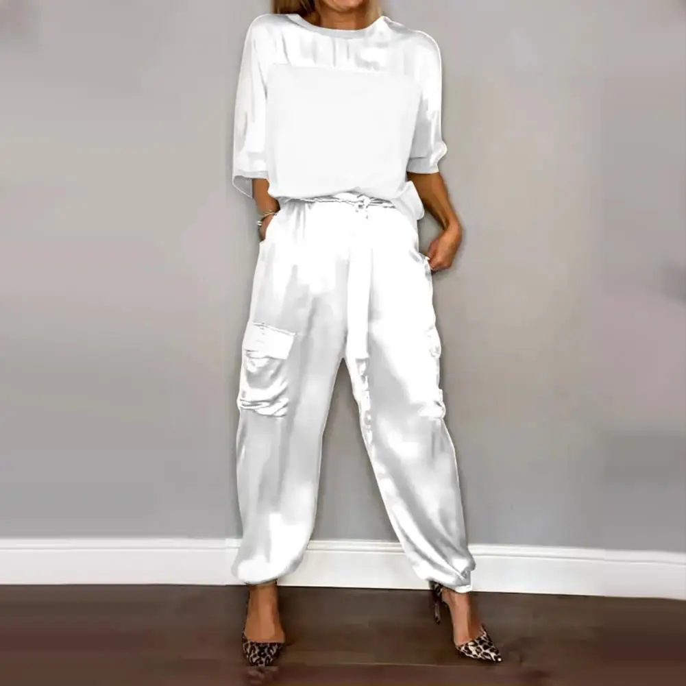 Women Smooth Satin Top Pants Set Three Quarter Sleeves O Neck Lace-up Waist Solid Color Soft Casual Loose Blouse Trousers Set