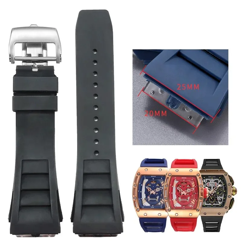 Correas de reloj para Richard Mille Rm011, interfaz convexa, repuesto de correa de reloj con hebilla plegable de silicona de goma Original, 25mm x 20mm