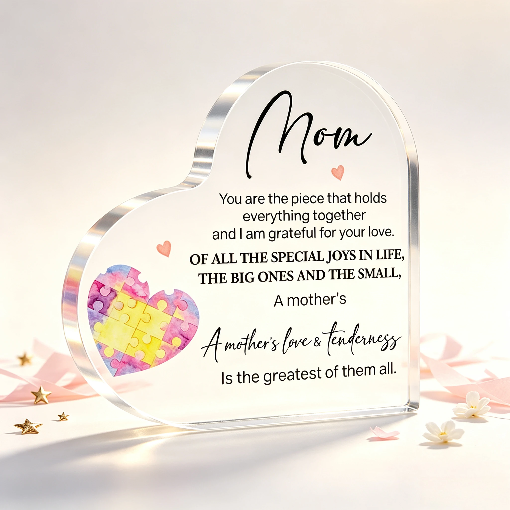 Mom Heart‑Shaped Acrylic Tabletop Plaque, Watercolor Puzzle‑Heart Mother’s Day Sentimental Desk Keepsake Gift