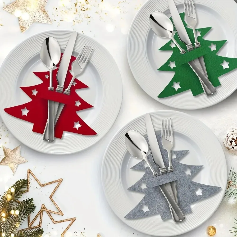 12pcs Christmas Tree Felt Placemats with Fork And Spoon Bag Set for Holiday Party Table Decoration
