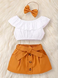 Summer Girls Suit Top + Skirt + Bow Tie 3pcs Fashionable Children's Clothing 4-7y