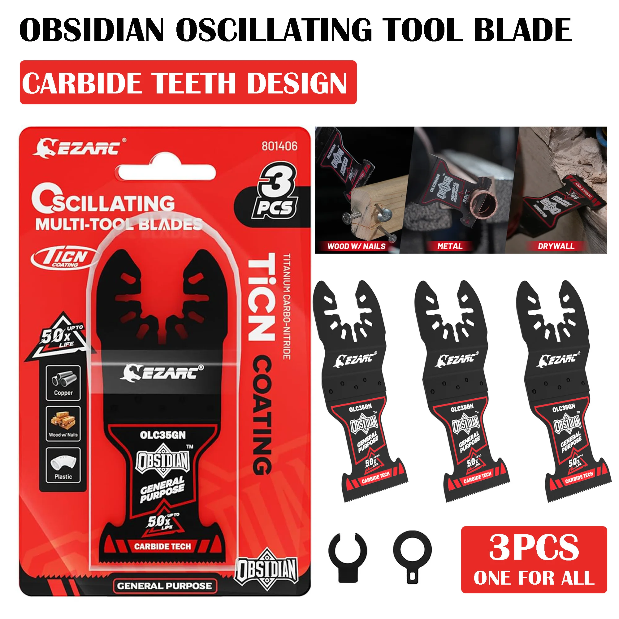 EZARC 3pcs Carbide Oscillating Multitool Blades Obsidian Universal Quick Release Oscillating Saw Blades for Metal, Wood, Drywall
