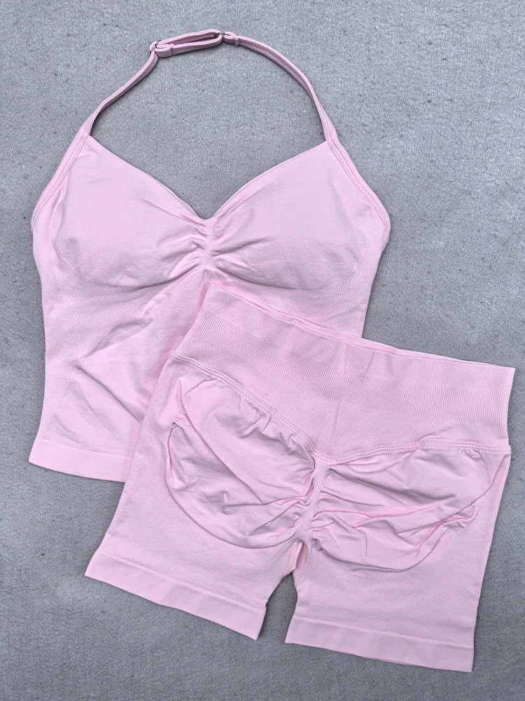 2-teiliges Damen-Yoga-Set, nahtlos, verstellbar, Träger-Tanktop, Scrunch, Sport-Shorts, Fitnessstudio, Kleidung, Damen, Sommer, Workout-Outfits