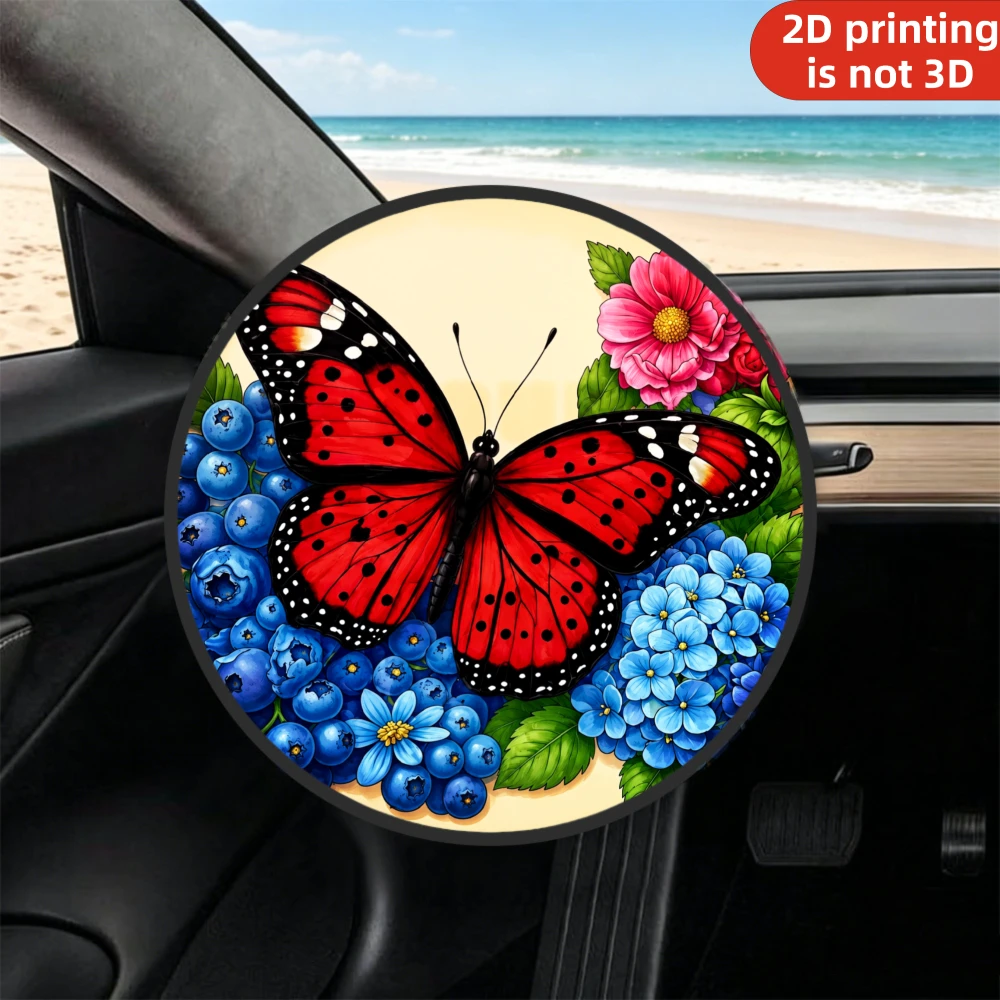 1pc Sunshade Steering Wheel Cover, 2D Flat Printing Red Butterfly With Blue Flowers And Pink Blossoms Print, Sunshade