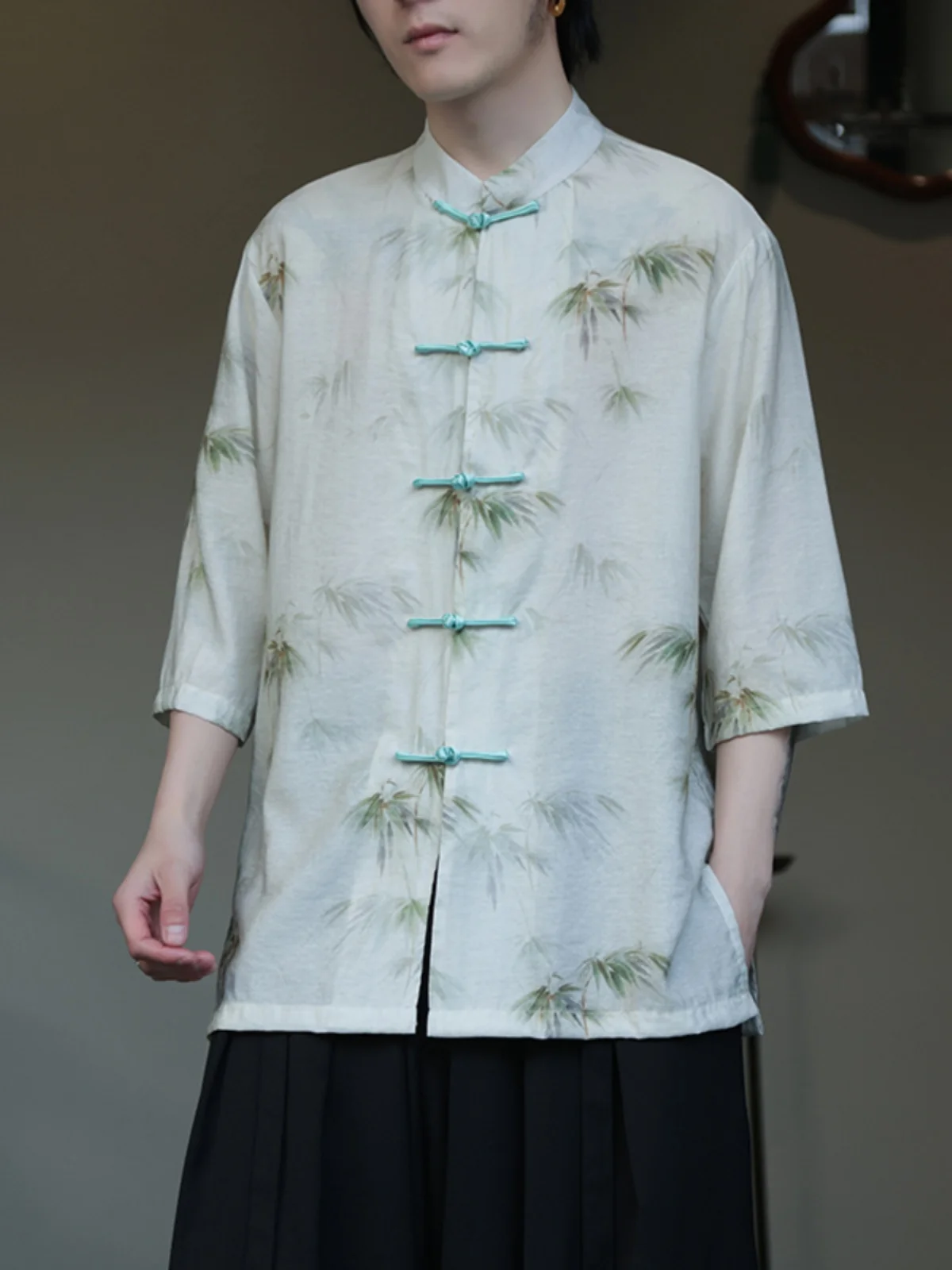 

New Chinese Style Ice Silk Half Sleeve Shirt Men's Summer Fashionable Tang Costume Modified Hanfu Thin Youth Loose Fit