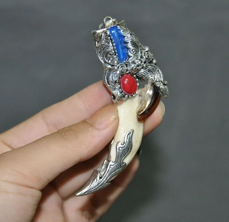 China Cloisonne Tibetan Silver Wild Boar Tusks Teeth Taxidermy Amulet Pendant Collection Ornaments Statues for Decoration