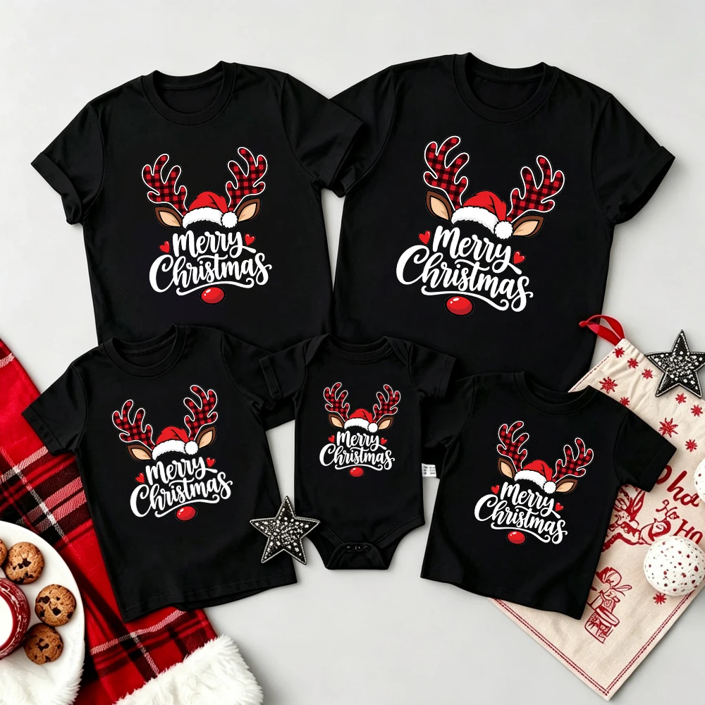 Family Matching Christmas Outfits Merry Christmas Reindeer Elk Print T-shirt Mom Dad Kids Xmas Shirts Baby Bodysuit Family Look