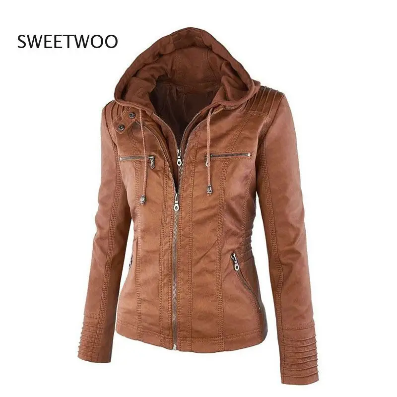 

Fashion Removable Hooded Jacket Lapel Solid Color Zipper Leather Plus Size Short Coat Women