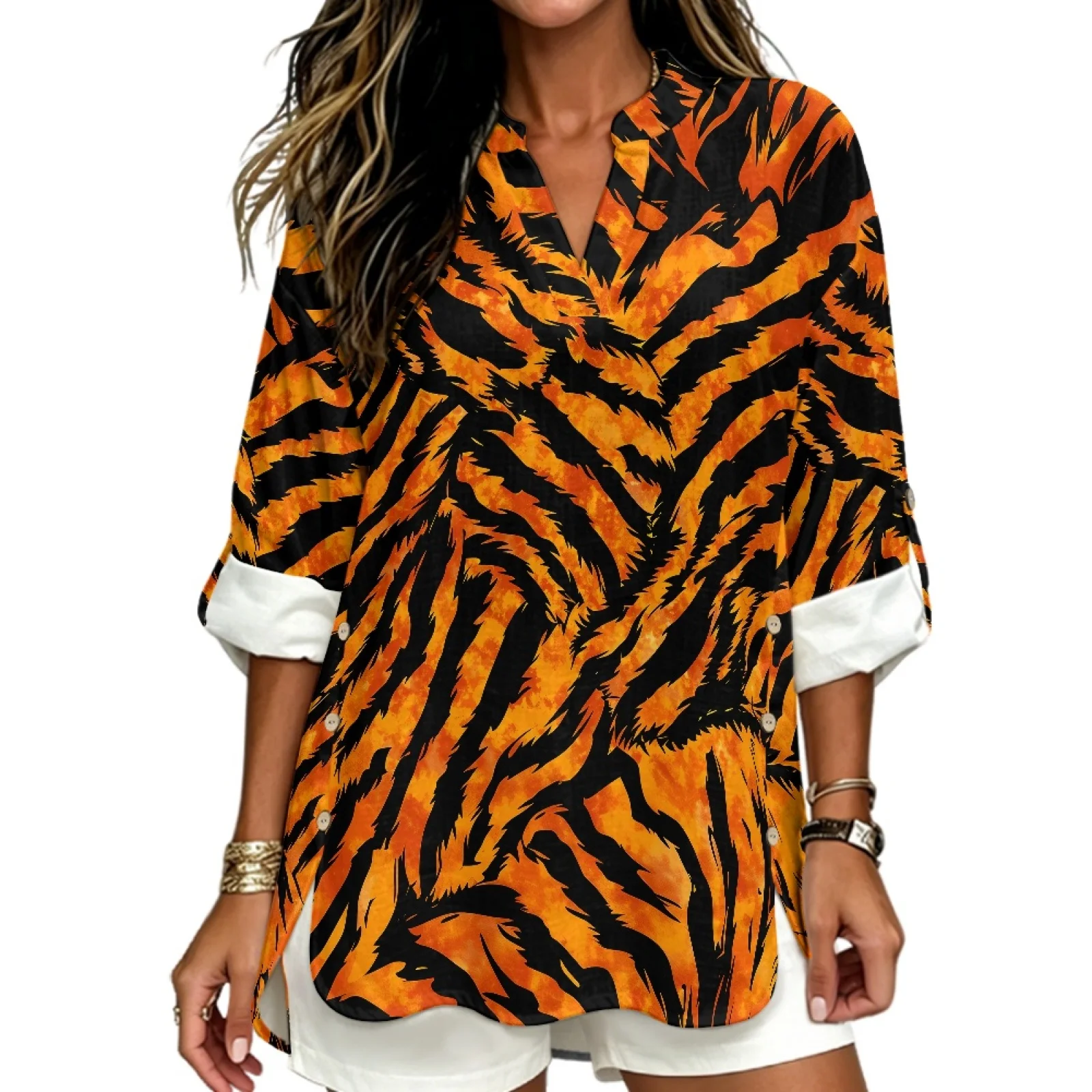 PENSTROLL Tiger Stripe Linen Like Long Sleeve Loose Tunic Blouse for Women Oversized Long Sleeve V Neck Shirts