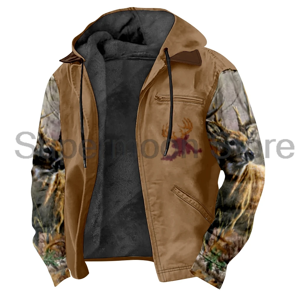 Camouflage Elk Print Deer Hunting Zipper Hoodies Long Sleeve Streetwear Women Men Jacket Parkas Unisex Winter Coat