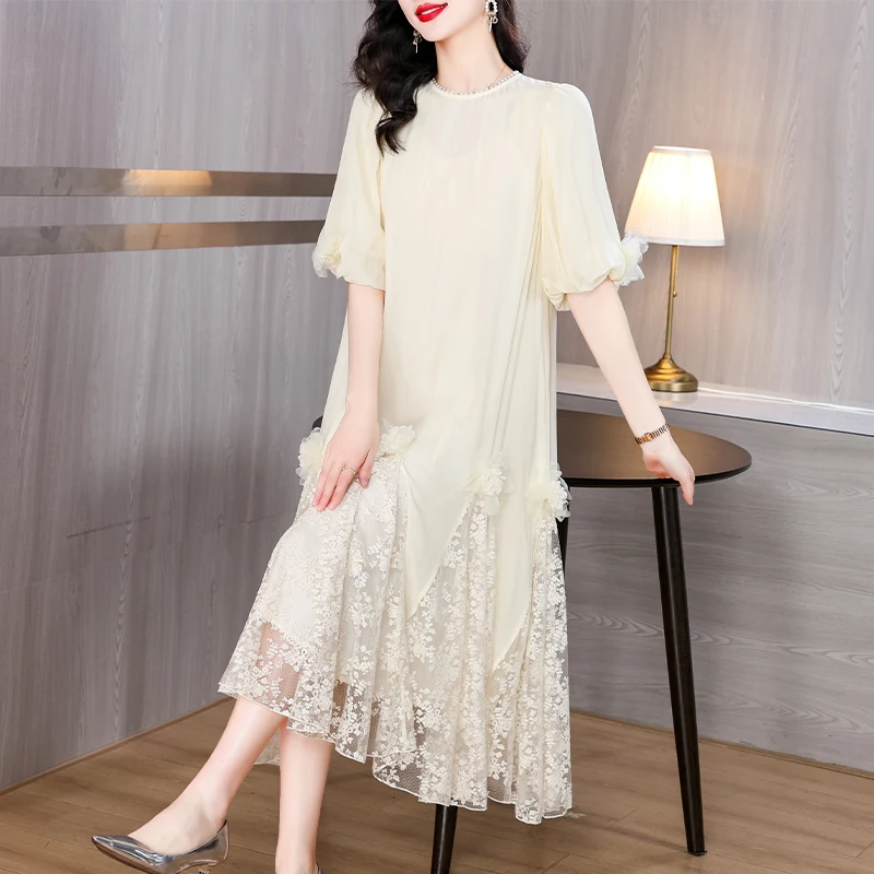 2024 Summer New Silk Embroidered O-Neck Dress Women's Short Sleeves Loose Large Lace Spliced Knee Length A-line Long Dress