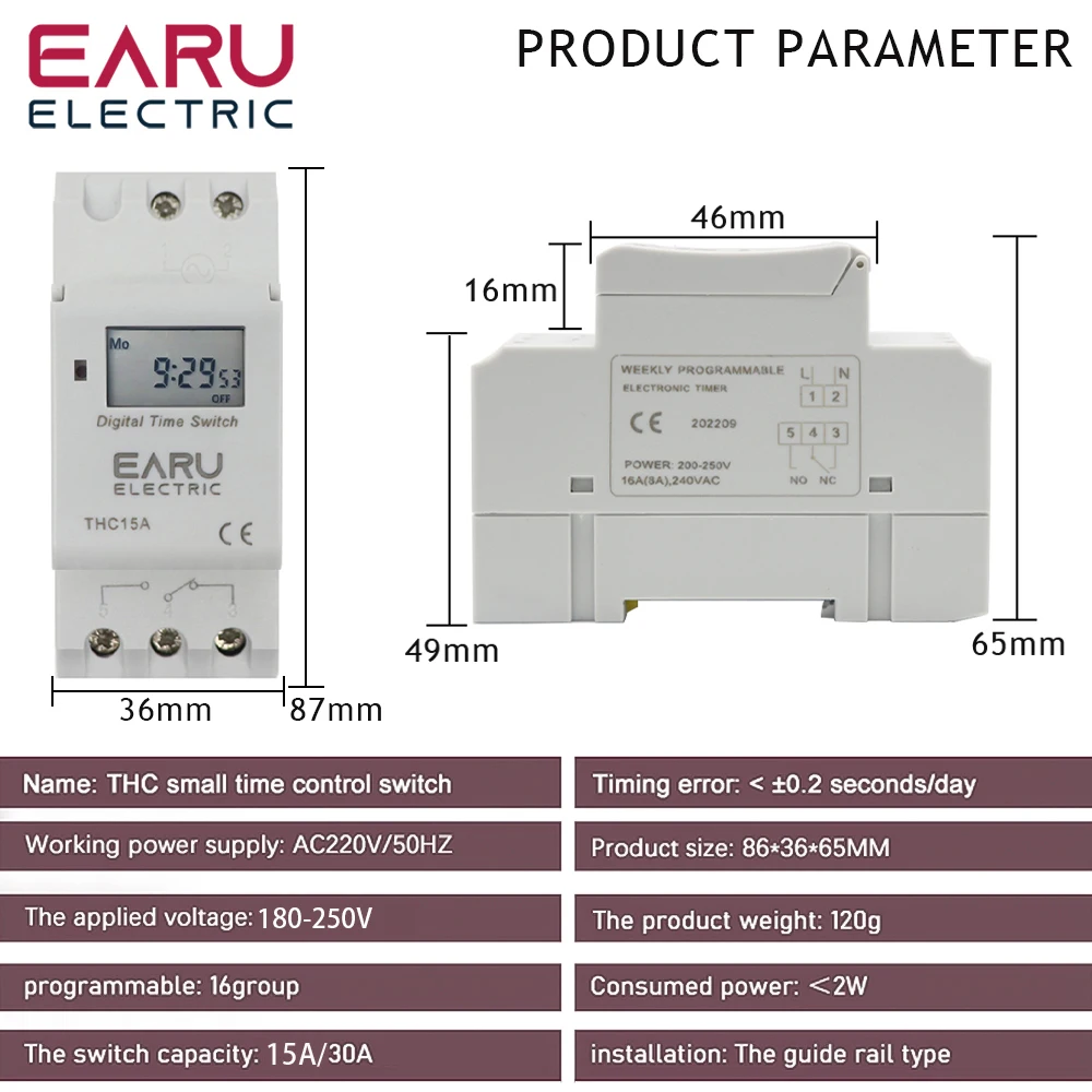 THC15A New type Din Rail 2 wire Weekly 7 Days Programmable Digital TIME SWITCH Relay Timer Control AC 220V 230V 12V 24V 48V 16A