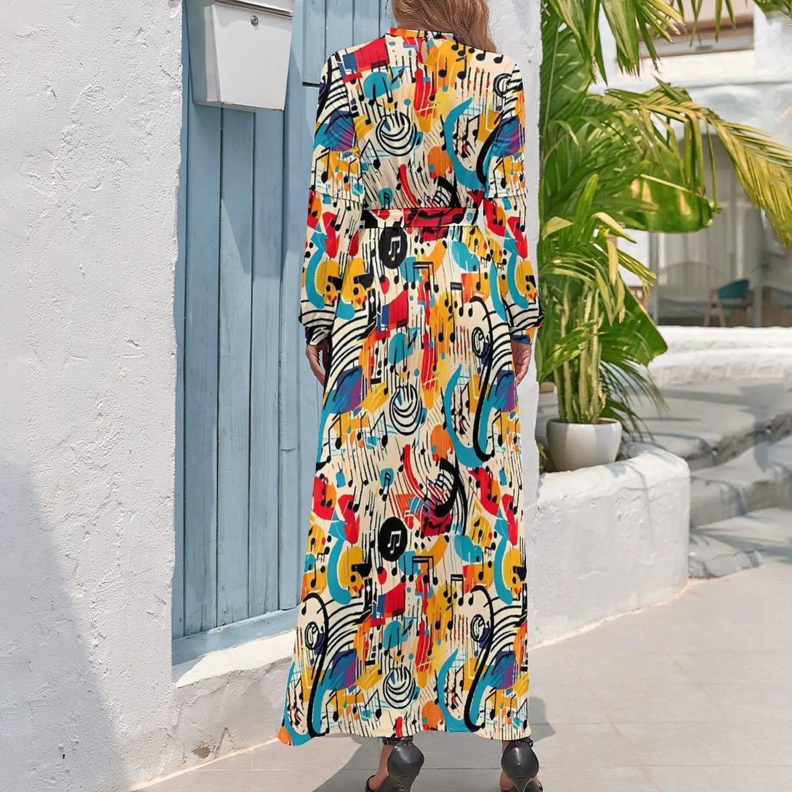 Modern Music Note Dress Long Sleeve Colorful Print Trendy Maxi Dress High Waist Street Fashion Custom Beach Long Dresses Gift