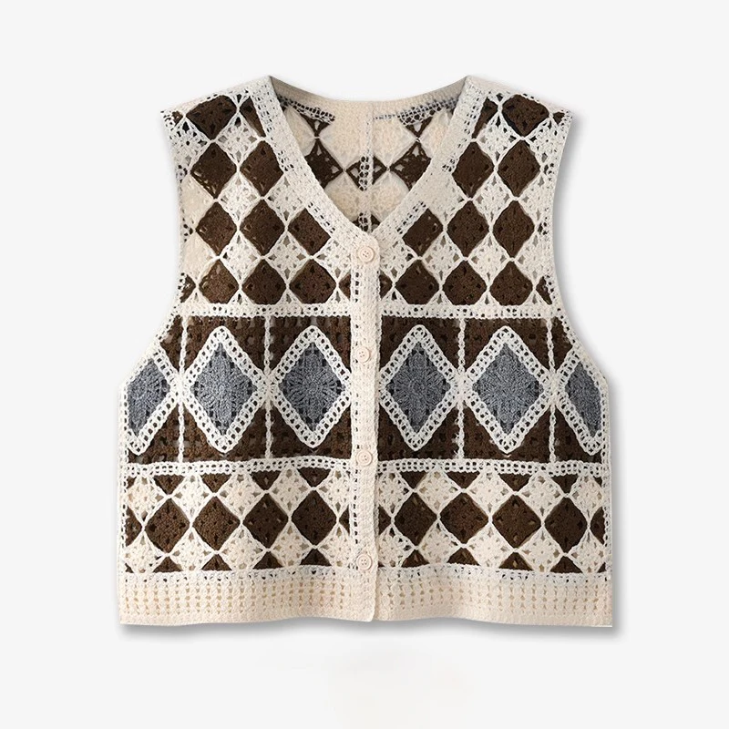 

Вязаный крючком жилет Argyle для женщин, прозрачный ажурный жилет без рукавов на пуговицах спереди, летний пляжный наряд в стиле бохо для девочек-подростков