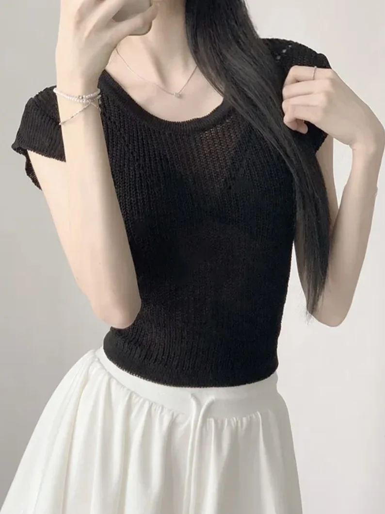 

Chic ort Sve Knitted T-irt Women's Summer New Design Sensation Ba Strap Hollow out Top Faionable Casualwear