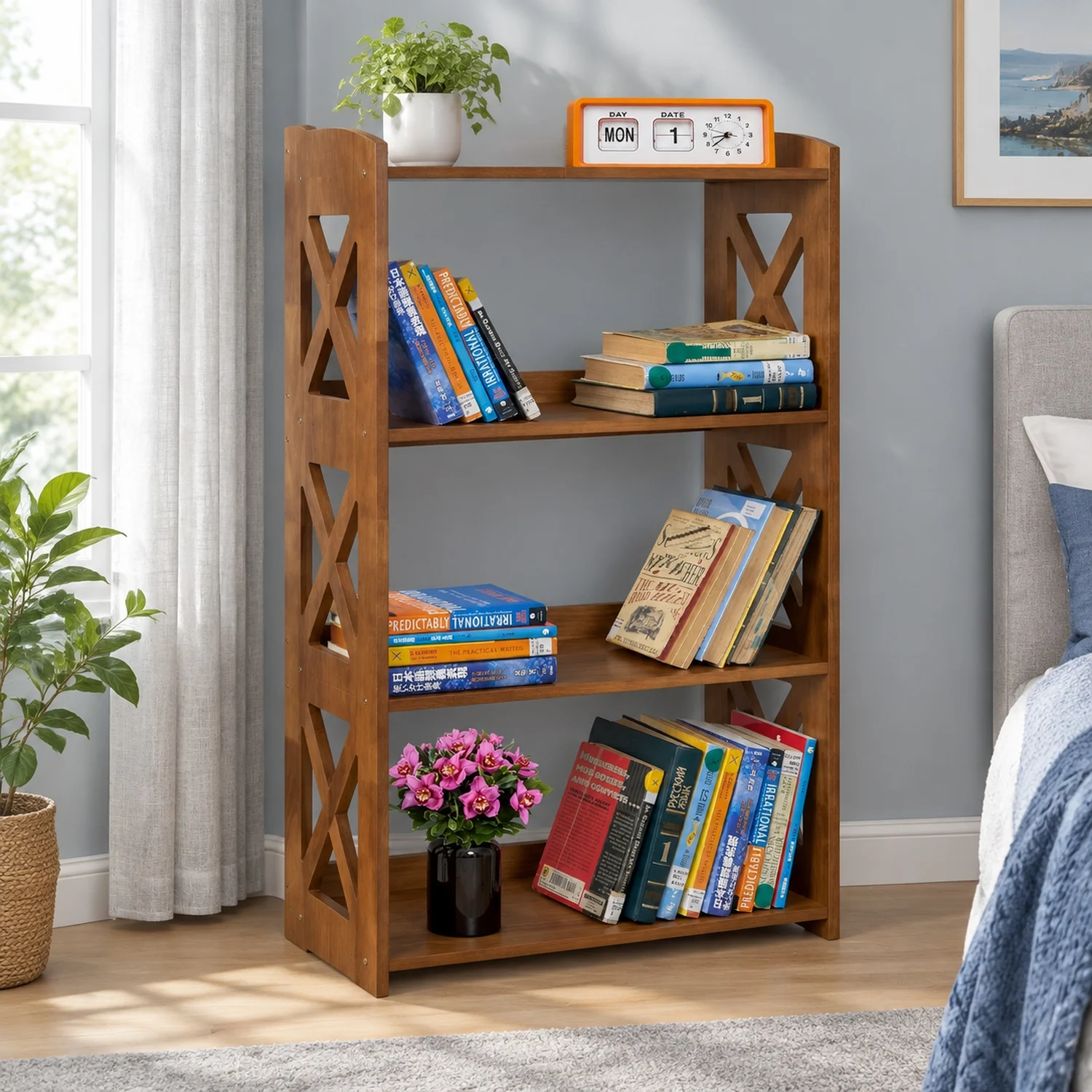 4 Tier Bookshelf, Wood with Open Shelves, Narrow Freestanding Storage Organizer, 4 Shelf Bookcase Small Display Brown