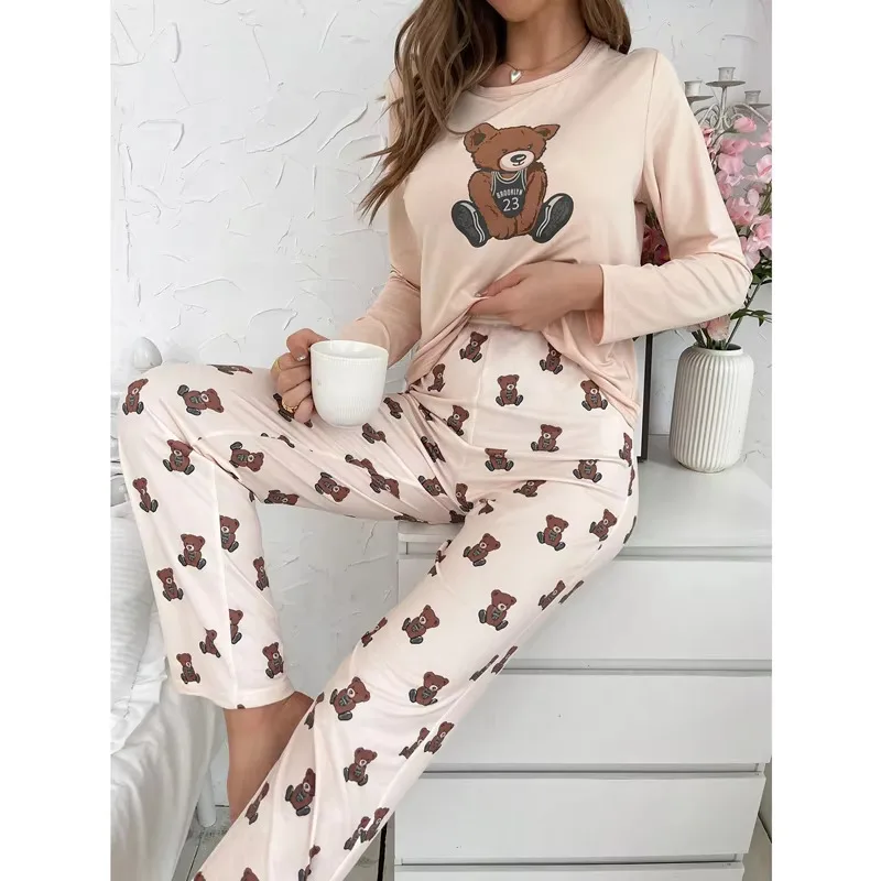 Cute Bear Print Pajamas for Women Autumn Winter Long Sleeves Full Pants Pajama Sets Woman Milk Silk Pijamas Girls Nightwear